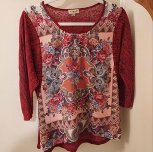 One World Ladies S Lightweight Red 3/4 Sleeve Floral Faux Cross Stitch Blouse